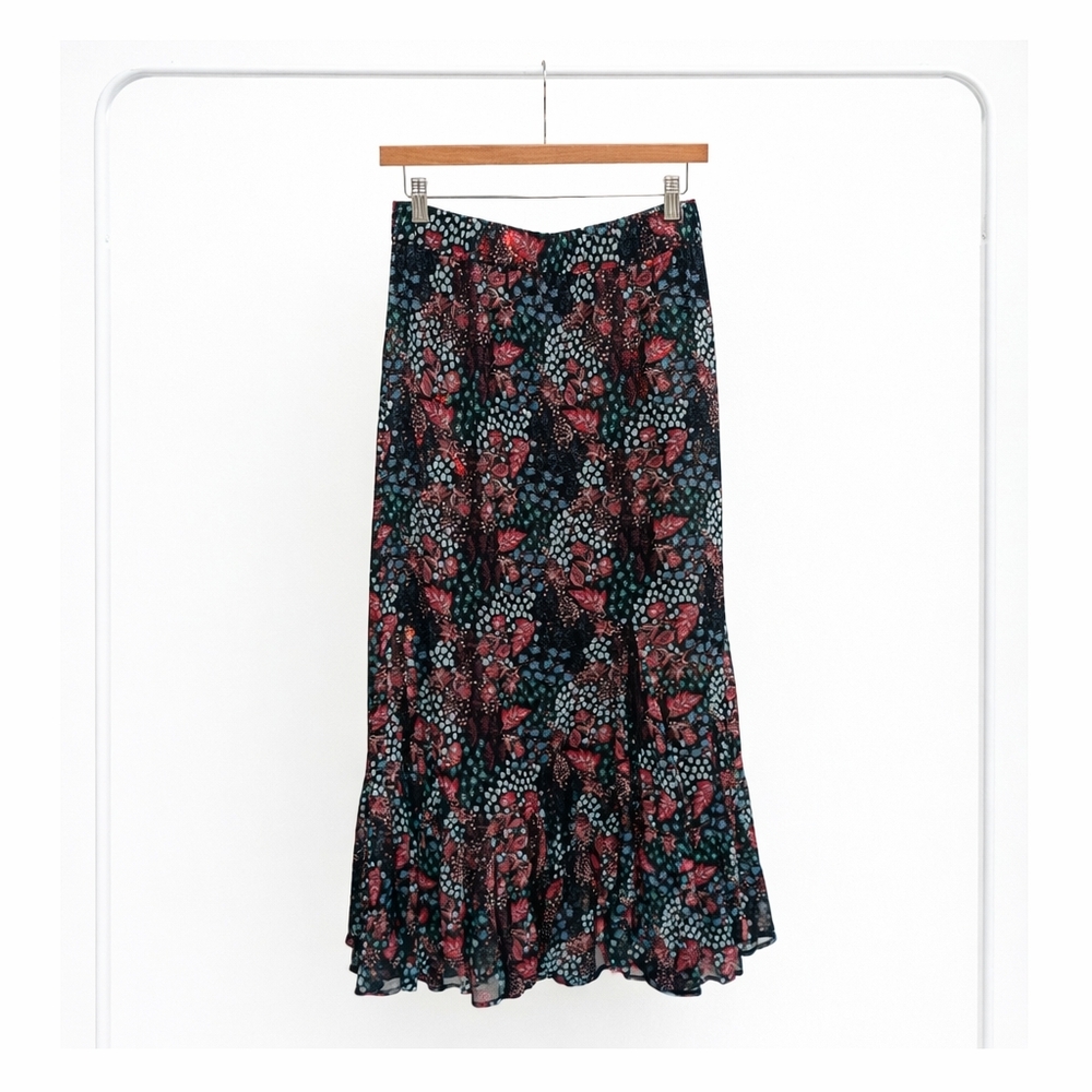 LOFT Black Floral Midi Skirt with Red and Teal Accents, Size: S